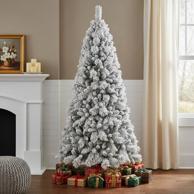 HomeRoots 7' Full Flocked Spruce Christmas Tree - Green - 47.00 in. x 84.00 in. x 47.00 in. - Green - 7 Foot