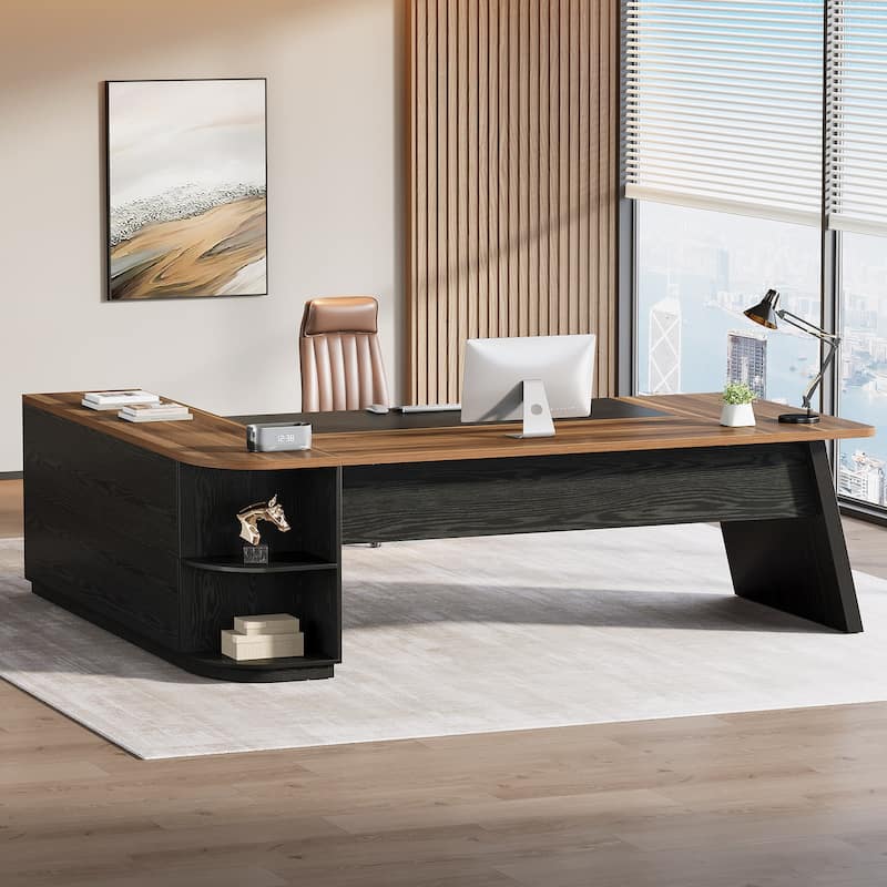 79 Inch Large Executive Office Desk with Cabinet, L-Shaped Desk with Storage Shelves, Wooden Corner Desk for Home Office