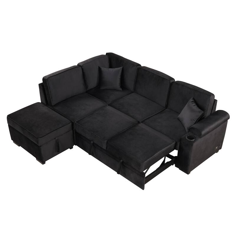 84.75" 2-in-1 Pull Out L Shape Velvet Sleeper Sofa Bed with Storage Ottoman, Black, for Living Spaces