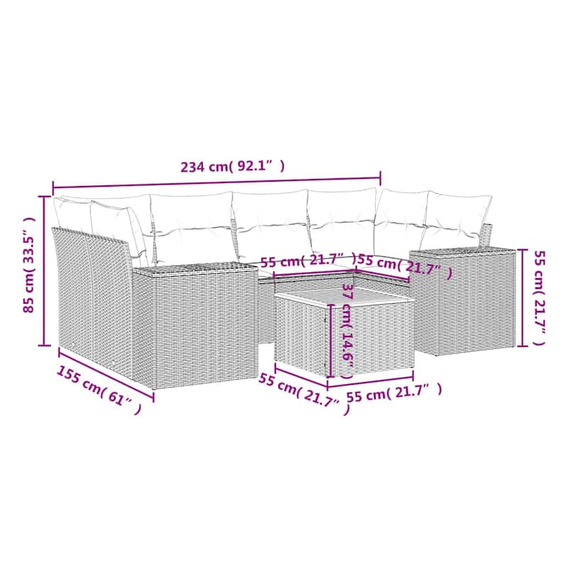 vidaXL Patio Sofa Set with Cushions Outdoor Furniture 7 Piece Poly Rattan - 21.7 x 21.7 x 14.6