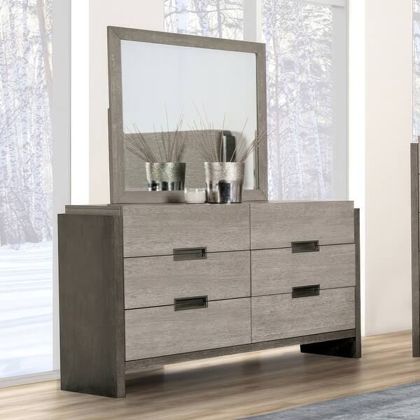 Furniture of America Cruz Contemporary Gray Solid Wood Panel 5-Piece Bed, 2  Nightstand, Dresser and Mirror Bedroom Set - On Sale - Bed Bath & Beyond -  40355215