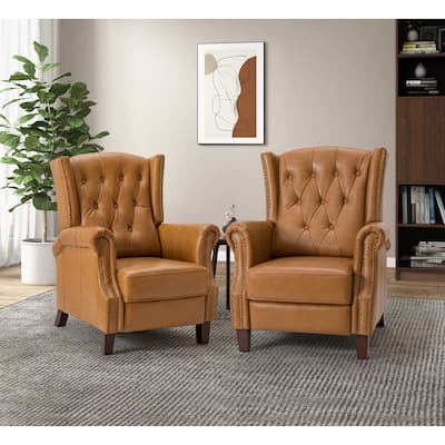 Claros Genuine Leather Button-Tufted and Nailhead Trim Manual Recliner with Wooden Legs Set of 2 by HULALA HOME