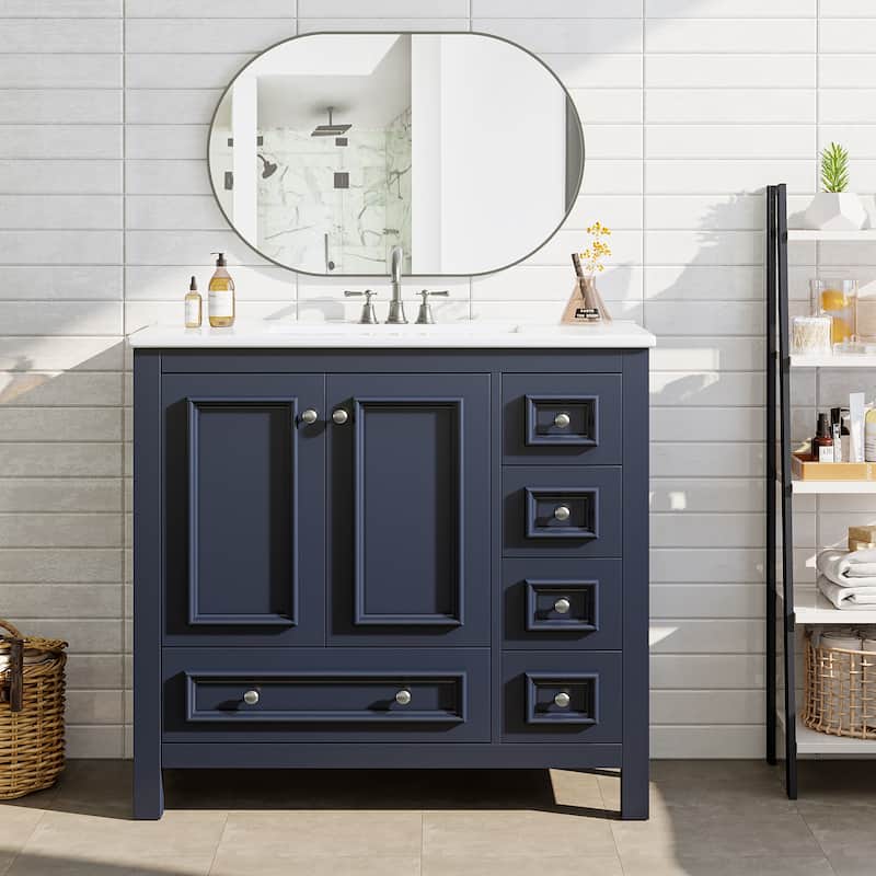 Modern Bathroom Vanity with Sink, Vanity Cabinet with Drawer and Door Organizer - 36 In - Navy Blue