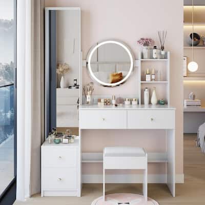 Full Body Mirror Cabinet + Round Mirror LED Vanity Table + Cushioned Stool, 17" diameter LED Mirror, Touch Control