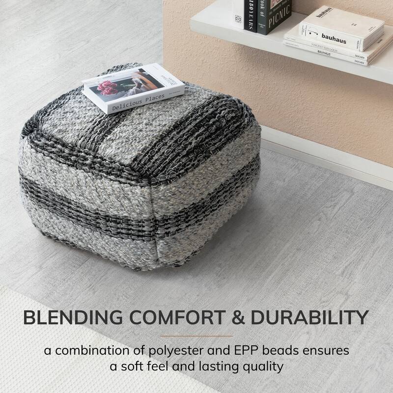 Jani Grey Striped Handwoven 24-inch Square Pouf Ottoman - Stylish Footrest for Living Room, Bedroom
