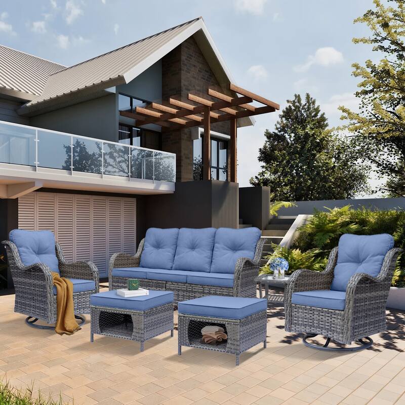 Outdoor Wicker Patio Conversation Seating Sofa Sets with Swivel Chairs - 6 Piece - Denim Blue/Gray Wicker
