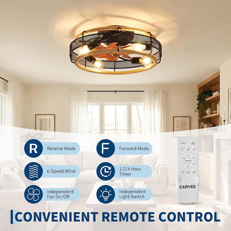 Industrial Style Boho Ceiling Flush Mount Fan Light with Remote Control for Bedroom, Kitchen