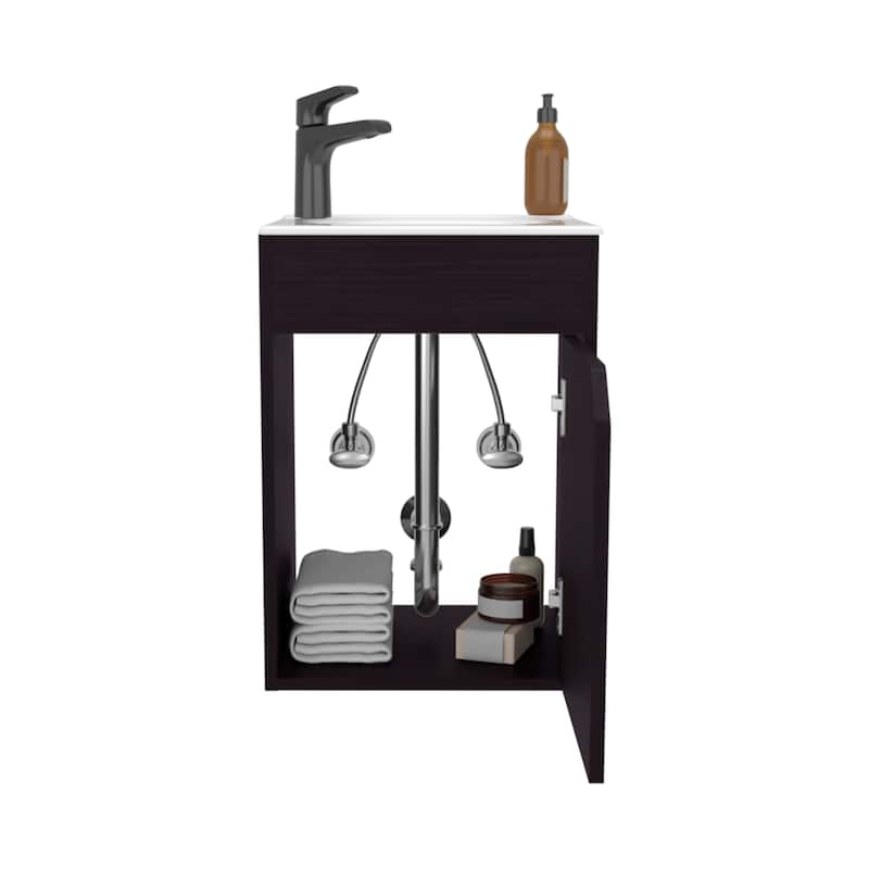Floating Wide One-Door Vanity With Resin Sink And Two Shelves, Bathroom Storage