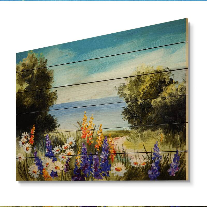 Designart 'Spring Flowers On Ocean Scenery' French Country Wood Wall