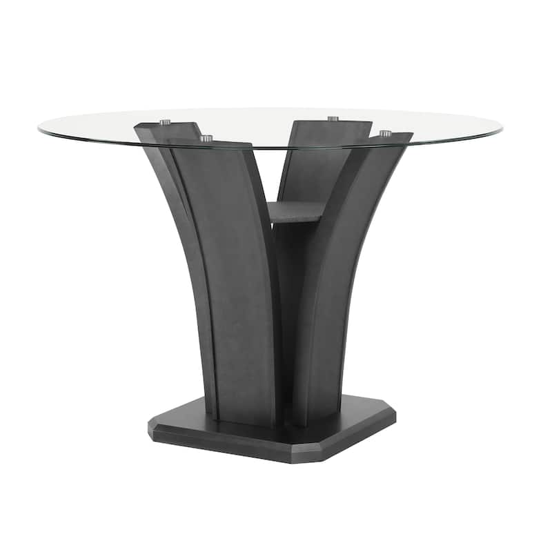 Brandon Counter Height Table, 54 Inch Glass Top, Glam Dark Gray Pedestal