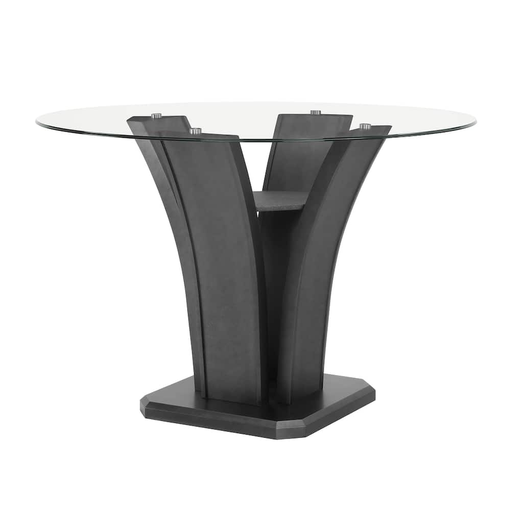 Brandon Counter Height Table, 54 Inch Glass Top, Glam Dark Gray Pedestal
