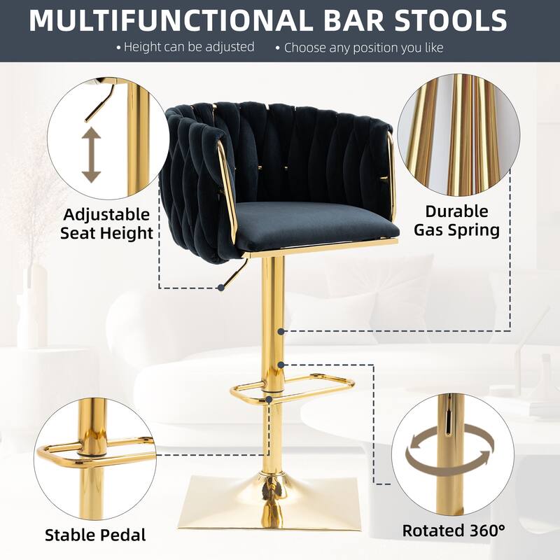 Velvet 360 Swivel Adjustable Height Lifting Vintage Bar Stools(set of 2) with Footrest