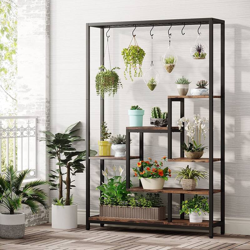 5-Tier Tall Indoor Plant Stand, 70.9 inches Plant Shelf with 10PC Hanging Hooks - Brown