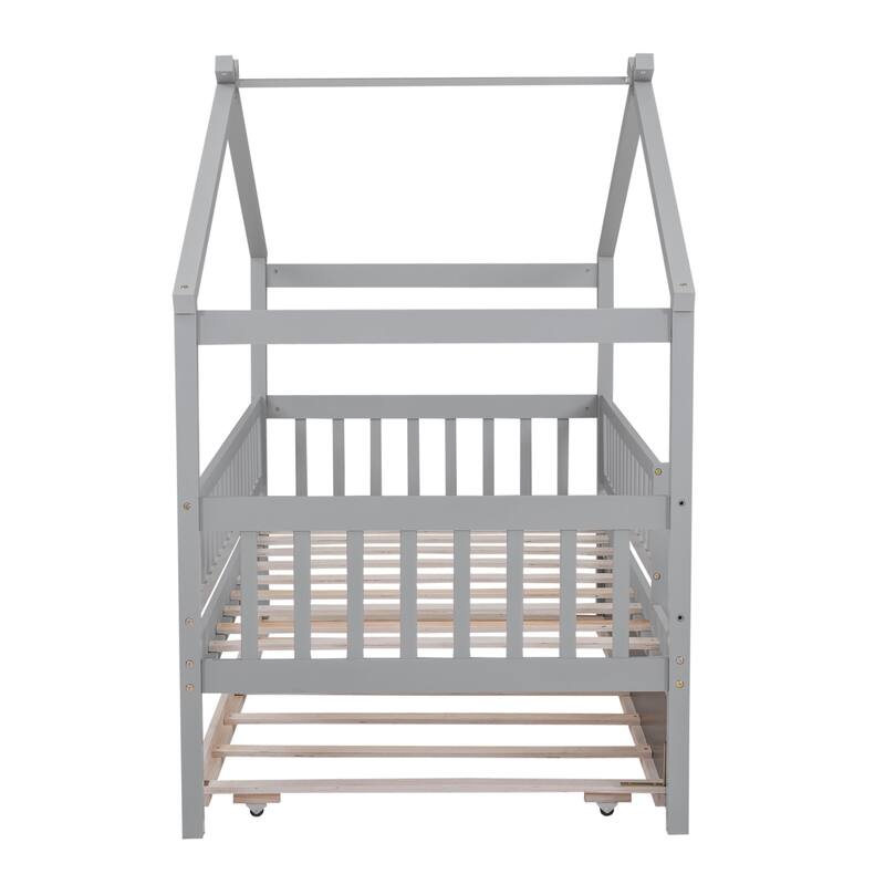 Twin Pine House Bed with Trundle, Guardrail & Roof