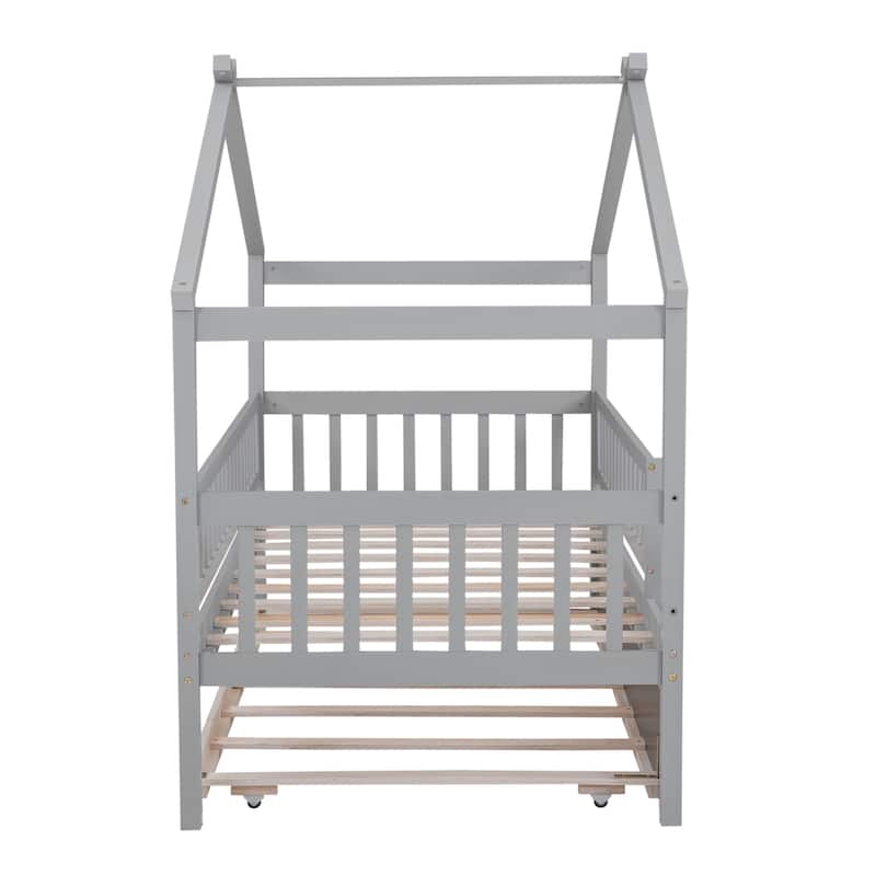 Twin Size House Bed with Trundle, Wooden Playhouse Kids Bed Frame with Roof and Fence, Montessori Style Bed