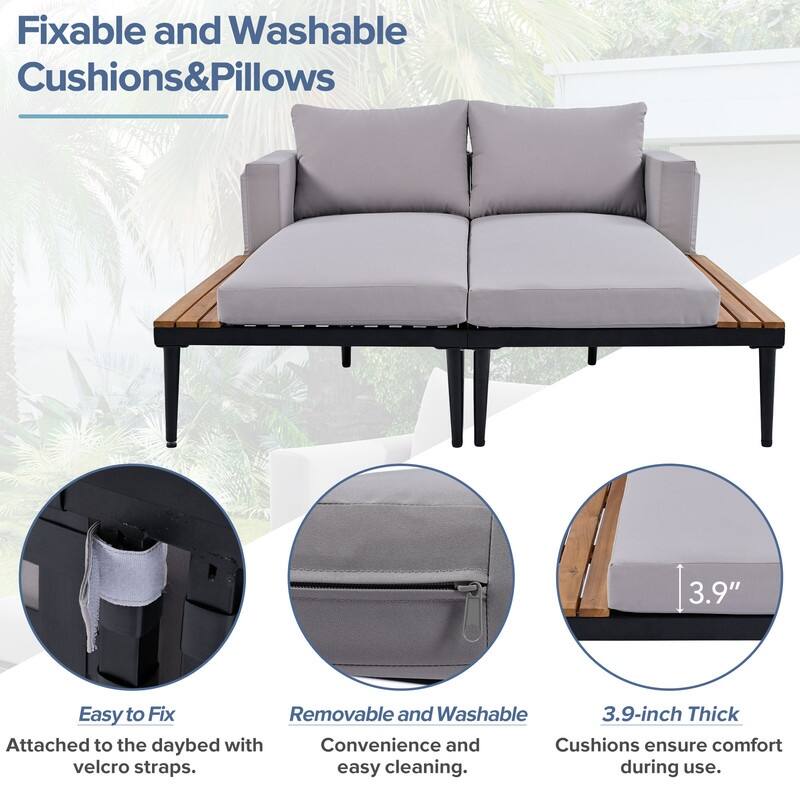 Contemporary Outdoor Daybed – Metal Frame With Wooden Drink Ledges, 2-in-1 Padded Chaise Lounge For Poolside & Balcony‌