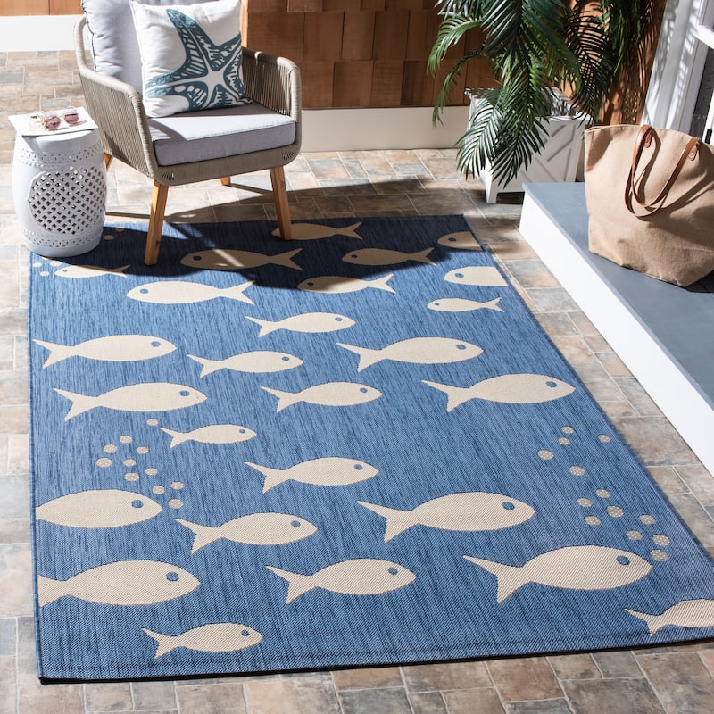 SAFAVIEH Courtyard Illa Indoor/ Outdoor Waterproof Patio Backyard Rug - 4' x 5'7" - Blue/Beige