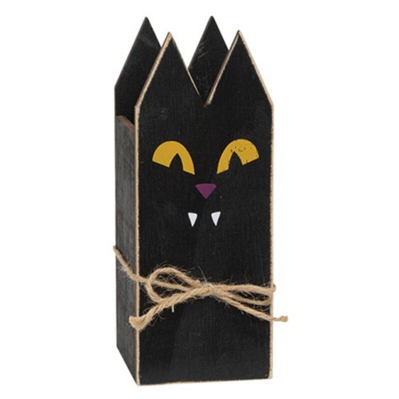Distressed Wooden Spooky Black Cat Branch Box Halloween Decor - Black