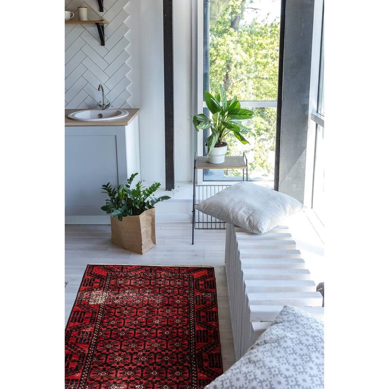 ECARPETGALLERY Hand-knotted Baluch Dark Red Wool Rug - 3'3 x 6'10