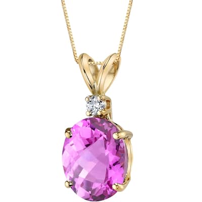 14k Yellow Gold Oval Shape 3.50 cts Created Pink Sapphire Diamond Pendant