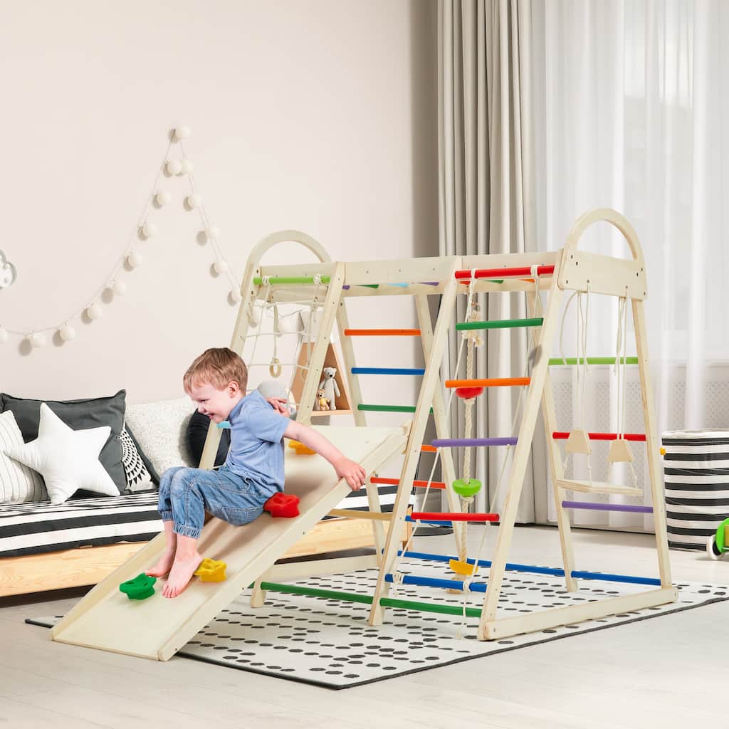 EROMMY 8-in-1 Wooden Climbing Gym for Kids - Indoor Playground Set with Slide, Monkey Bars, Climbing Wall, Wood & Rope Ladder