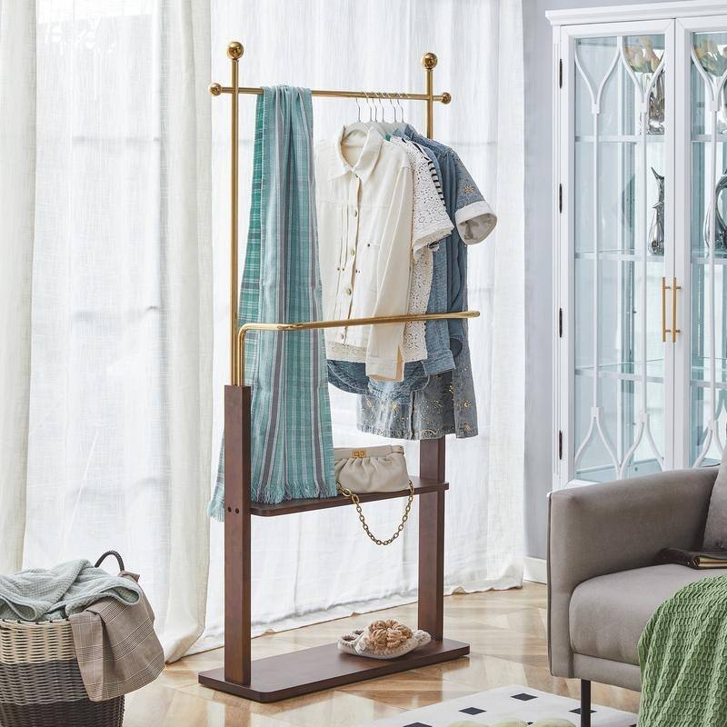 68.9" Walnut and Gold Steel Coat Rack,Double Layer Solid Wood Design