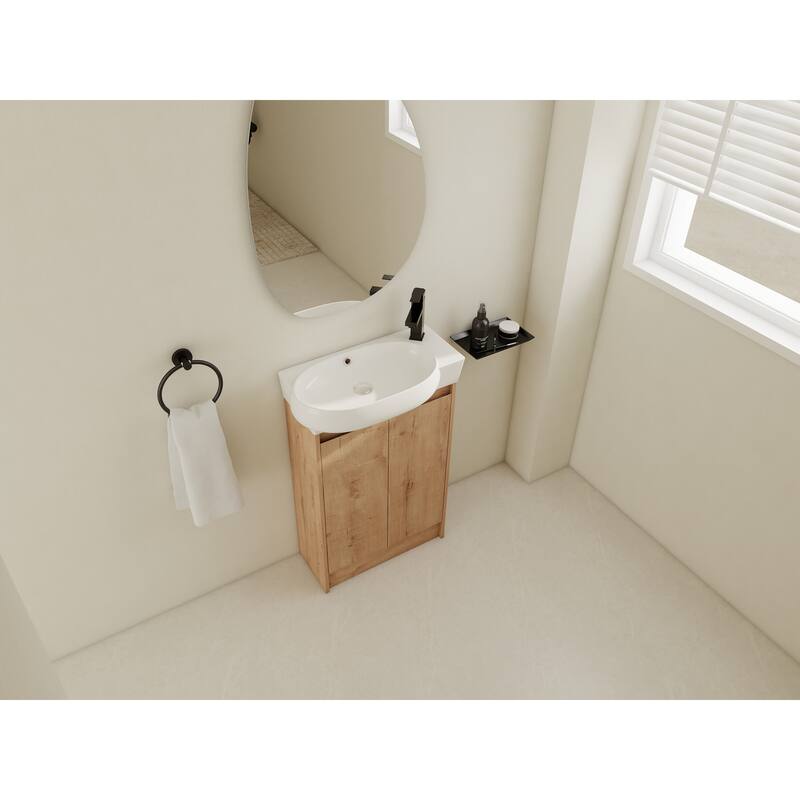 Compact Bathroom Vanity with Sink, Oval Single Ceramic Sink Bathroom Cabinet for Small Bathroom