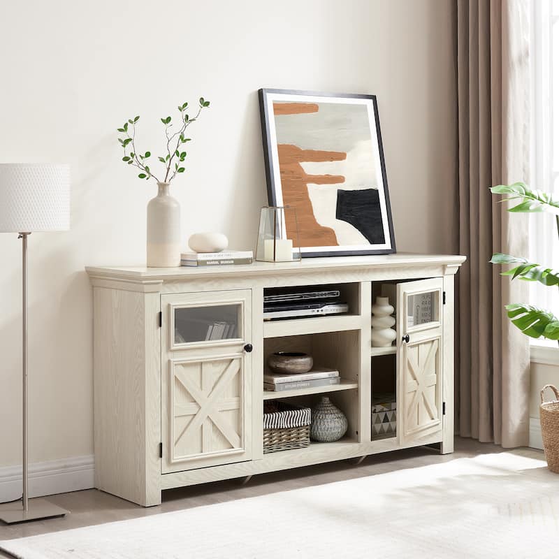 Farmhouse TV Stand, 2-Door Cabinet Media Stand with Barn Design and Open Shelving, for Living Room, White