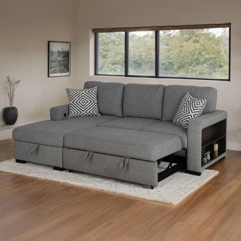 Furniture of America Oswin Modern Grey Pull-Out Sleeper Sofa Sectional with Storage Shelves and USB Ports - Left Facing