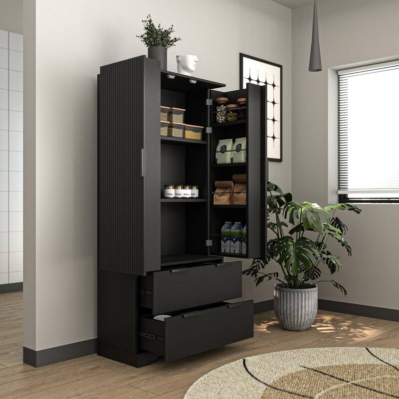 72" Modern Fluted Kitchen Pantry Cabinet with 2 Large Drawers & 8-Door Spice Rack, Freestanding Storage Organizer