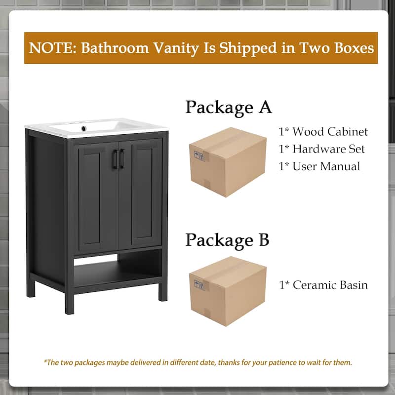 Anmytek 24'' Single Bathroom Vanity Cabinet with Ceramic Sink Combo Bathroom Storage Cabinet With Soft Close Doors