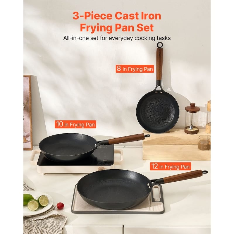 3-Piece Black Cast Iron Frying Pan Set with Detachable Wood Handle for Even Heat Cooking - Large Pan Size: 22 x 12 x 4 in
