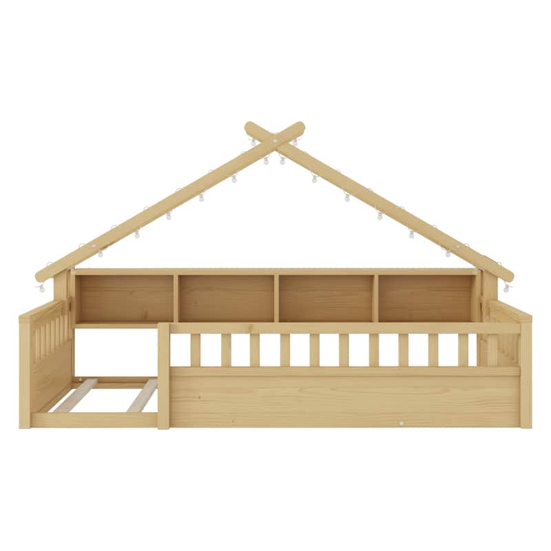 Floor Bed House Bed Frame with Storage Shelf Safety Guardrails