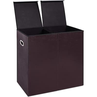 Internet's Best Double Faux Leather Laundry Hamper with Lid - Double Load - Foldable Hamper Basket - Removable Lid - Brown