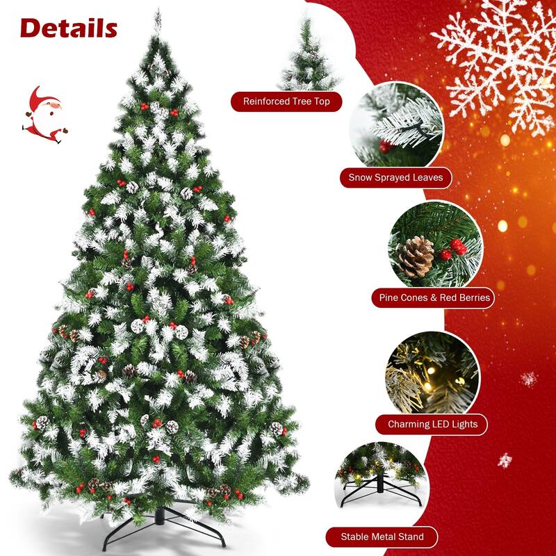 6 FT Pre-lit Snow Flocked Christmas Tree with Red Berries and 8 Lighting Modes