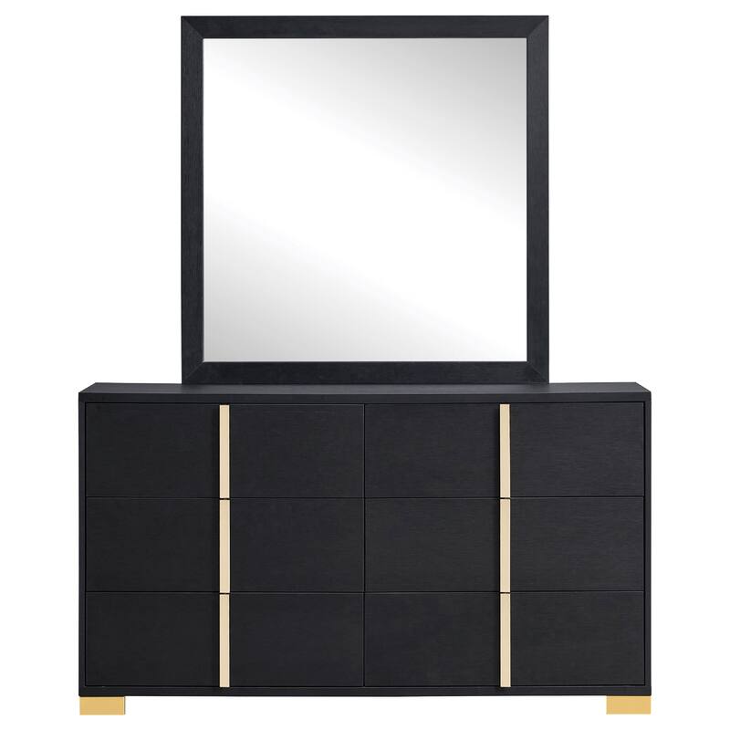 Dex Wide 6 Drawer Dresser with Mirror, Contemporary Gold Metal, Black
