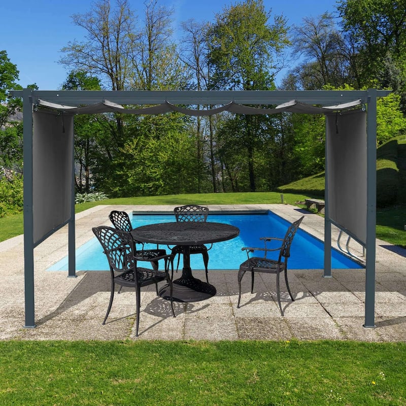 Aoodor 12' x 10' /12' x 12' Outdoor Retractable Canopy Pergola with 4 Pieces Roller Shade Curtain - 10x12ft - Grey