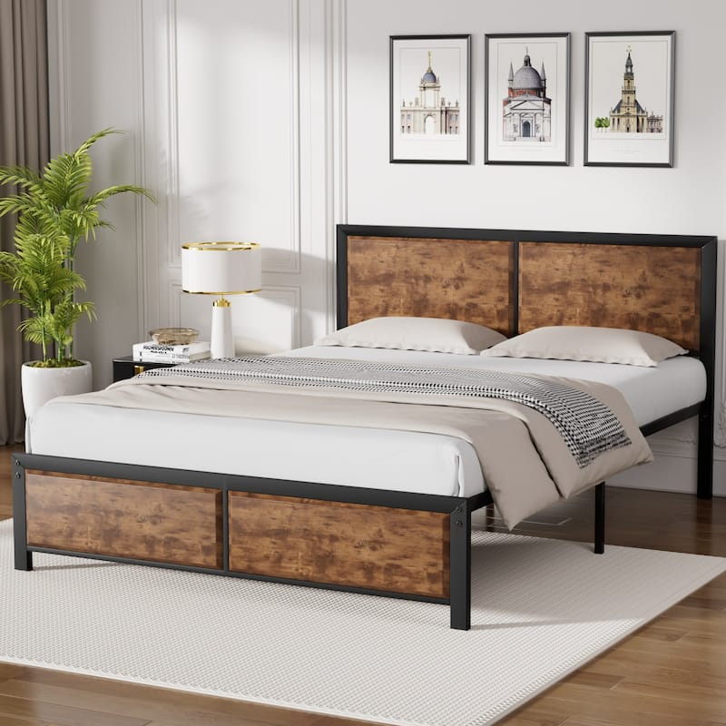 VECELO Platform Bed Frame with Wooden Headboard Heavy Duty Steel Slats Support No Box Spring Needed