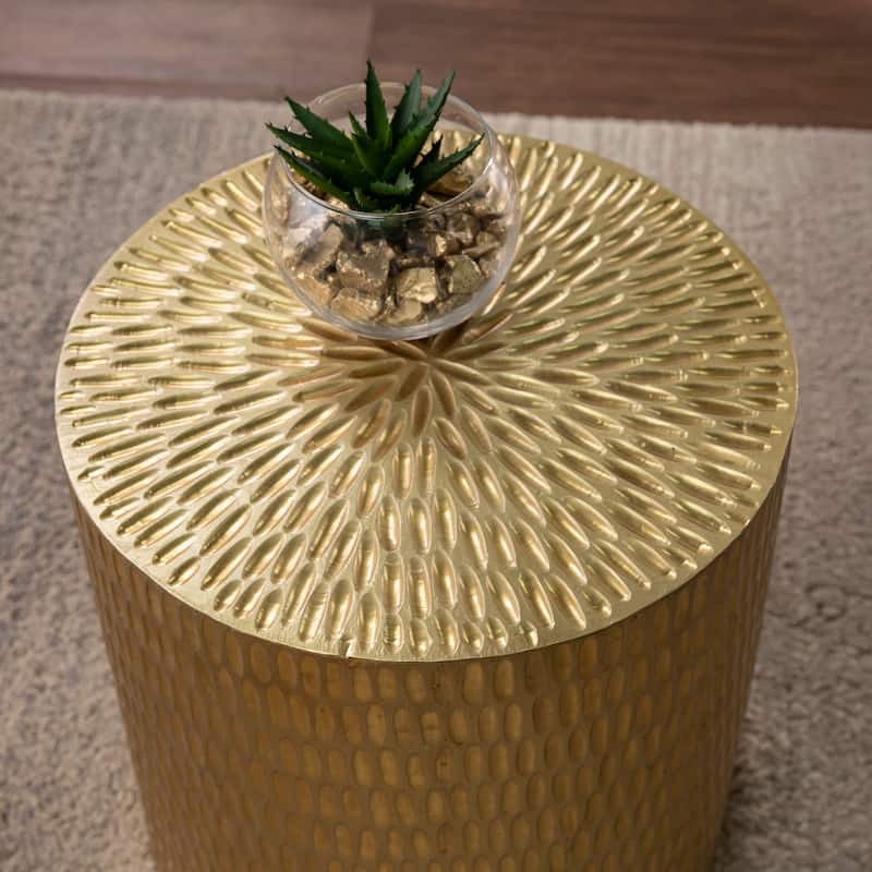SEI Furniture Dartford Contemporary Round Hand-Carved Metal Accent Table