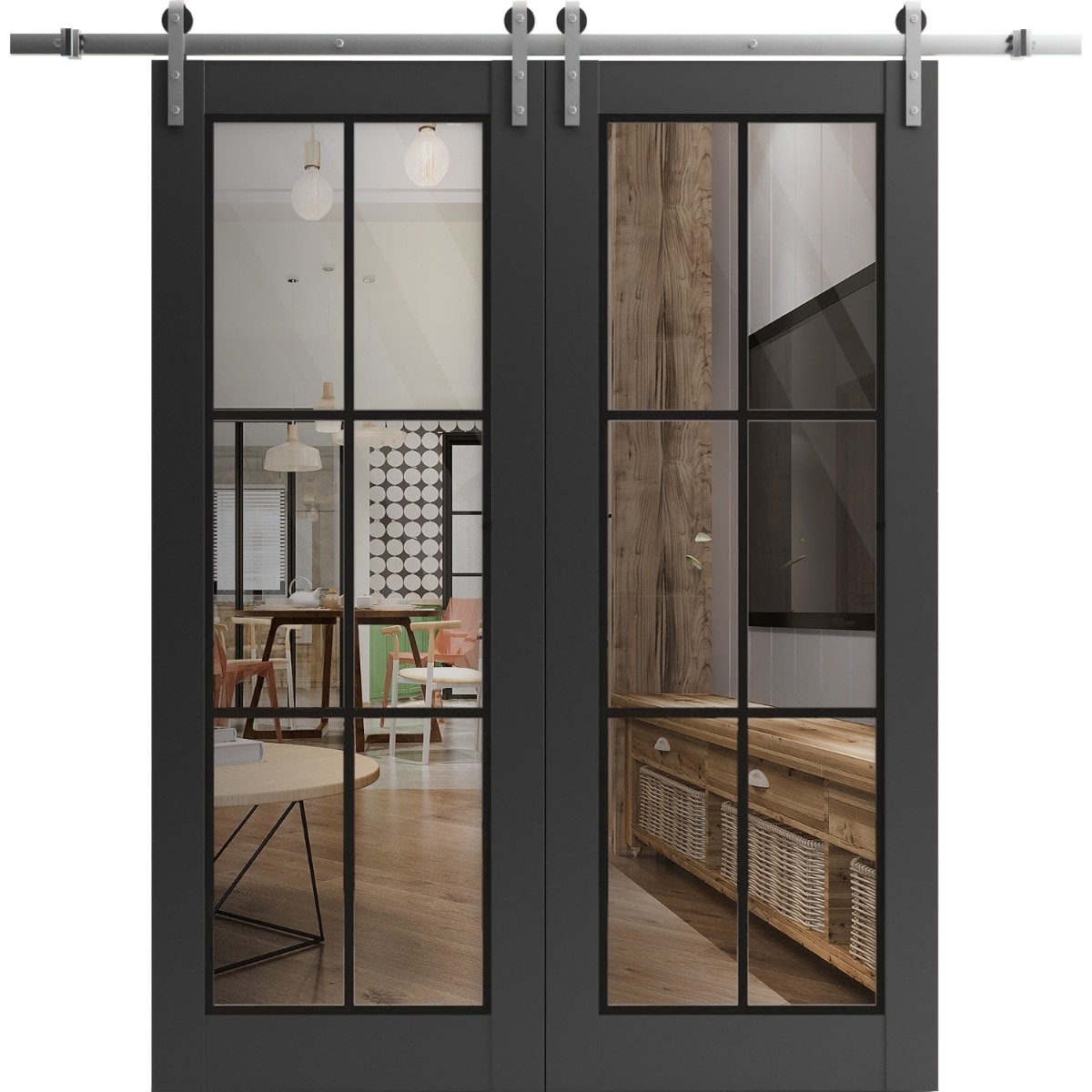 SartoDoors Lucia 2366 | Closet Door Double Barn Door | Solid Wood w/ Glass | Hardware Set | 36x80, Matte Black Bedroom Door