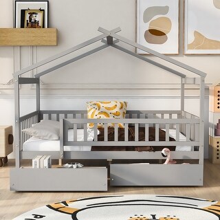 Kids Funny Canopy Bed Wooden Frame House Bed Full Size Platform Bed Daybed with Roof, Safety Guardrail and Drawers