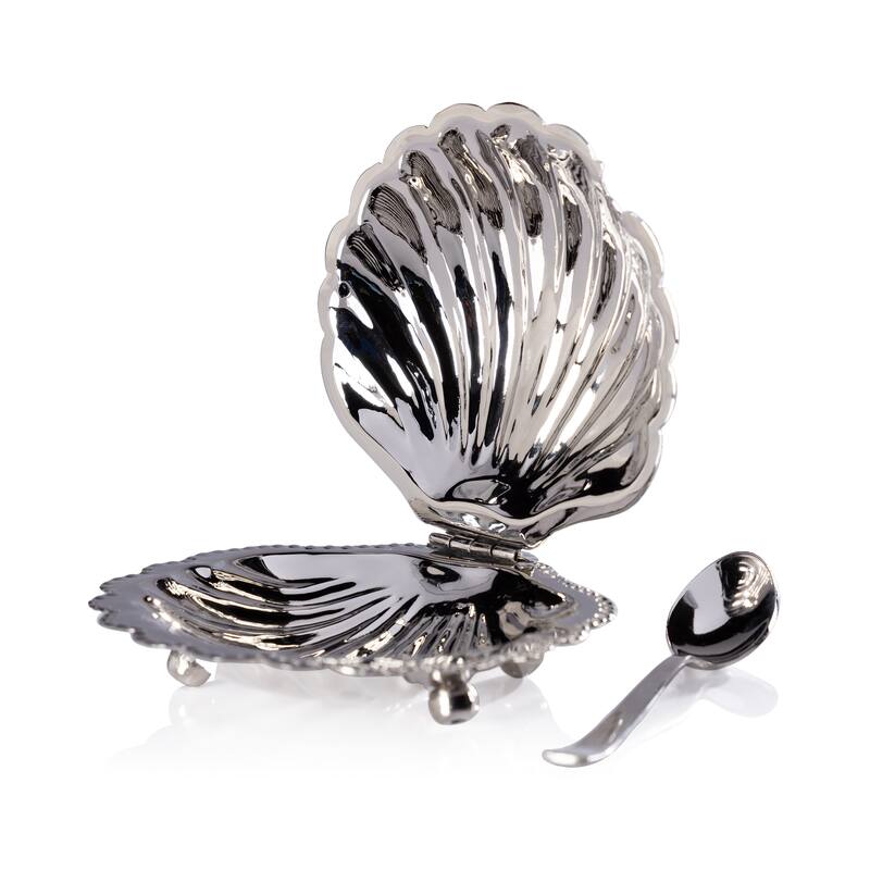 Cap Ferrat Fan Shell Lidded Bowl w/ Spoon - Nickel