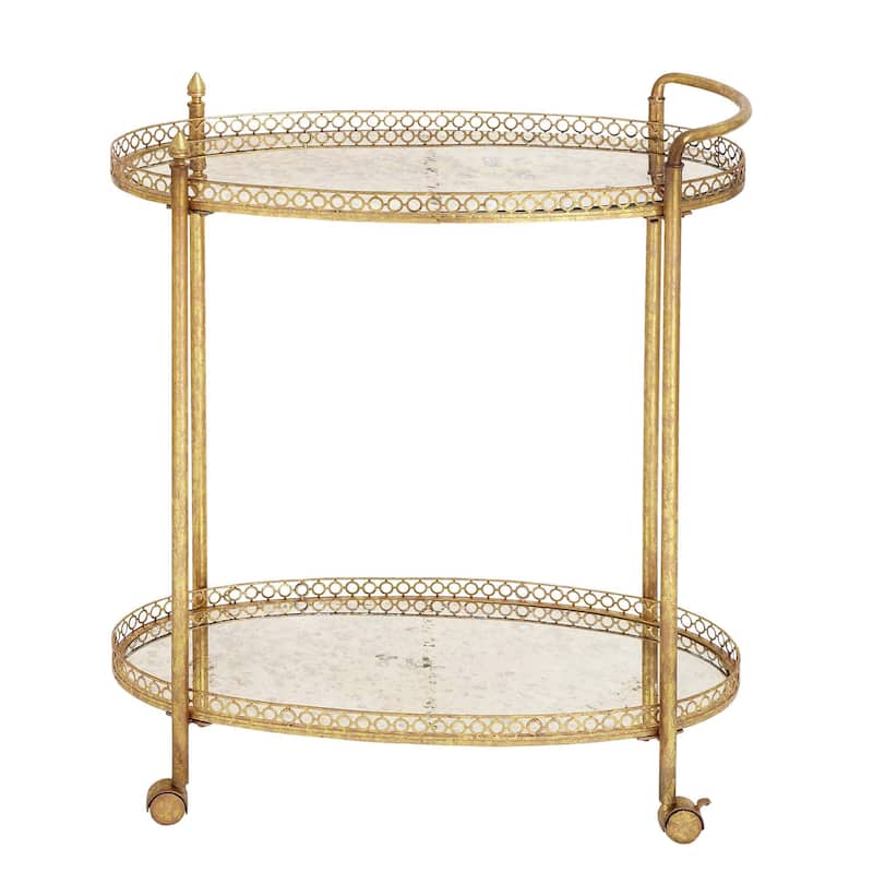 Metal Rolling Oval 2 Shelf Bar Cart with Vintage Inspired Details - Gold or Brass - Roche River Decor - Brass