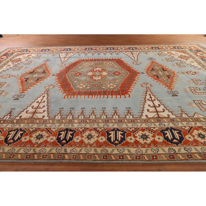 Light Blue Orange Viss Oriental Large Rug Hand-Knotted Wool Carpet - 11'9" X 17'9"