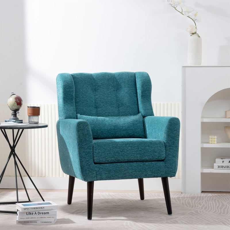 Modern Chenille Upholstered Armchair with Pillow and Solid Wood Leg