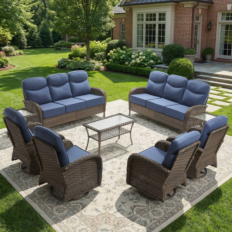 Pocassy Patio 3-Seat Sofa Swivel Chair Table with Ottoman - Brown Wicker Blue Cushion - 9-Piece Sofa Swivel Chair with Coffee Table