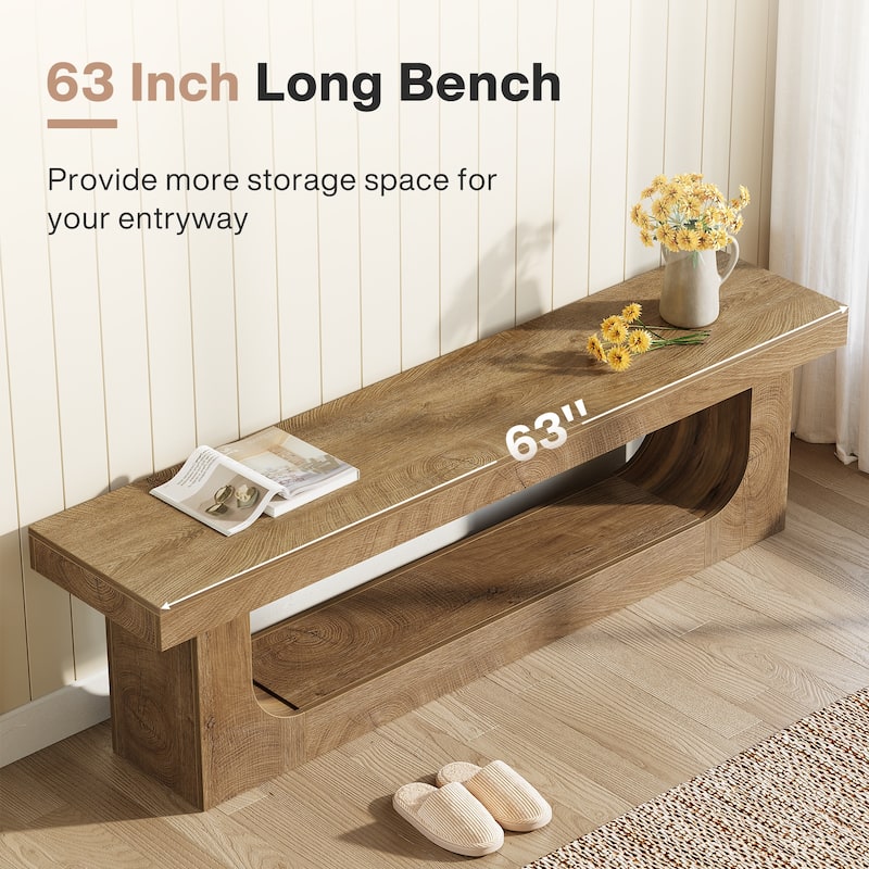 63 Inch Long Shoe Bench Entryway With Storage, Wooden End of Bed Bench - 13.8" D x 63" W x 17.72" H