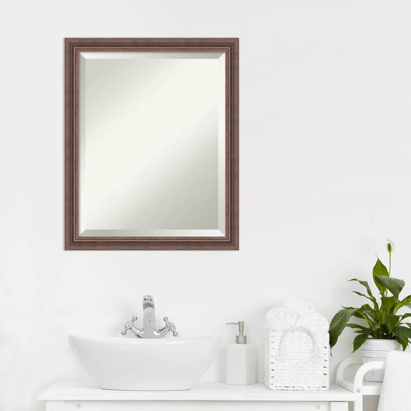 Beveled Wood Bathroom Wall Mirror - Distressed Rustic Brown Frame - Distressed Rustic Brown