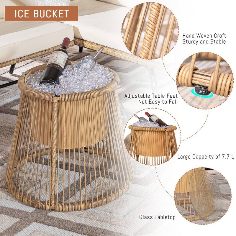 6-Piece Boho Wicker Patio Furniture Set, L-Shaped Sectional Sofa with Ice Bucket, 500 lbs Capacity Outdoor Conversation Set