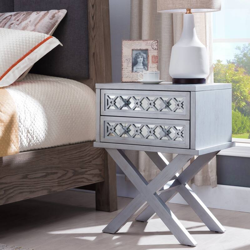 Silver Leaf Nightstand with Mirrored Drawers, Diamond Pattern Side Table, 2 Drawer Wood Base End Table, 22" x 16" x 28"